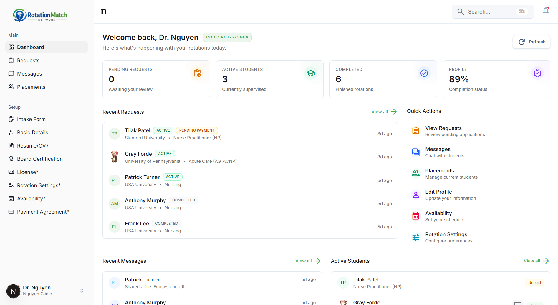 Preceptor dashboard