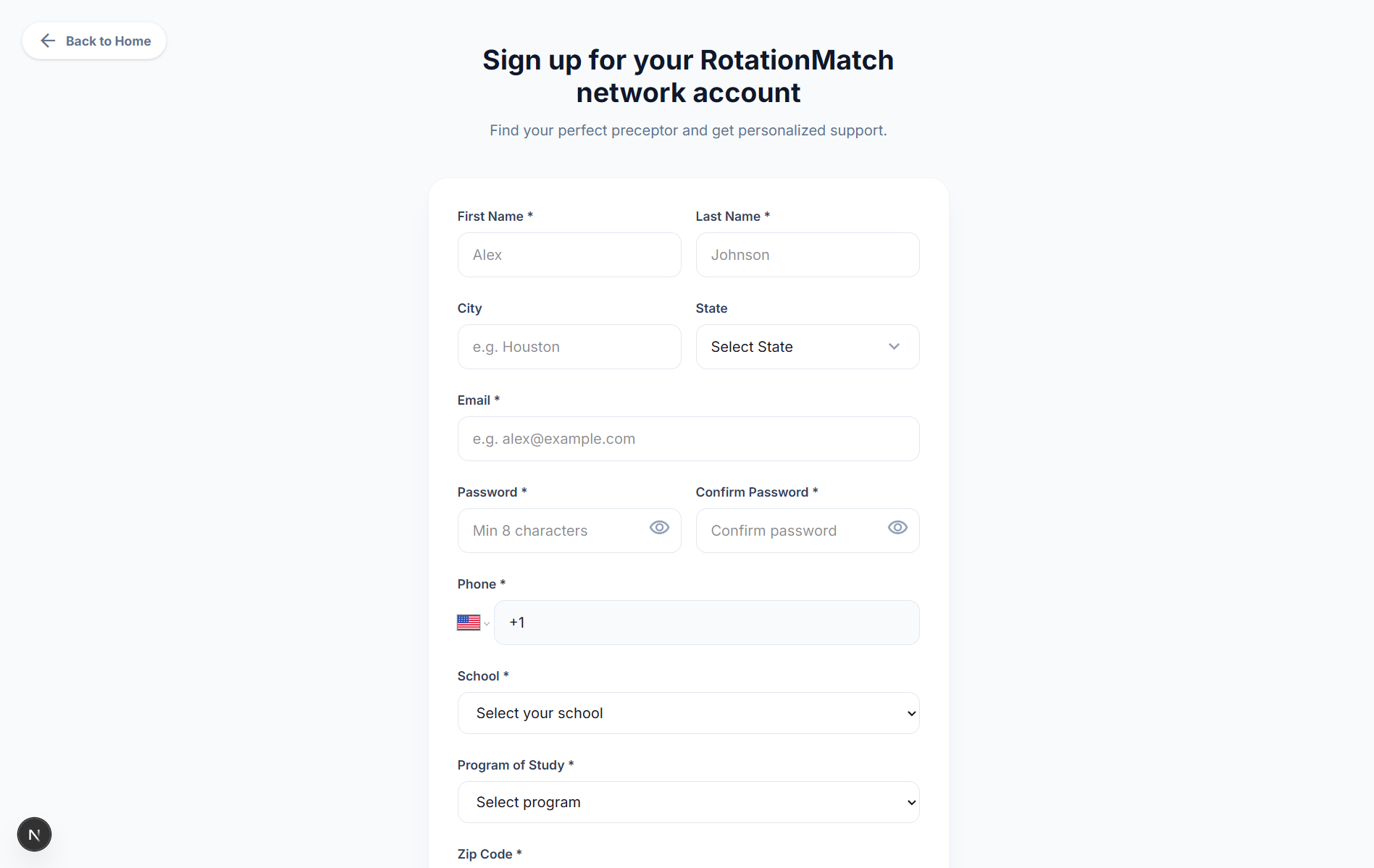 Student sign-up form